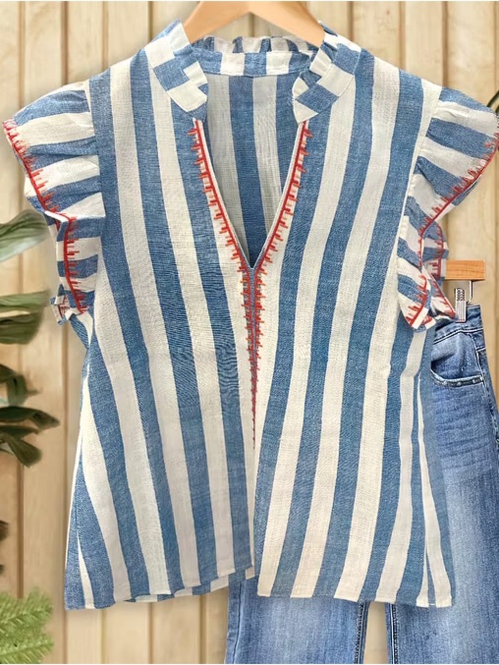 Striped Blue & White Ruffle Sleeve Women's Top - THML NWOT